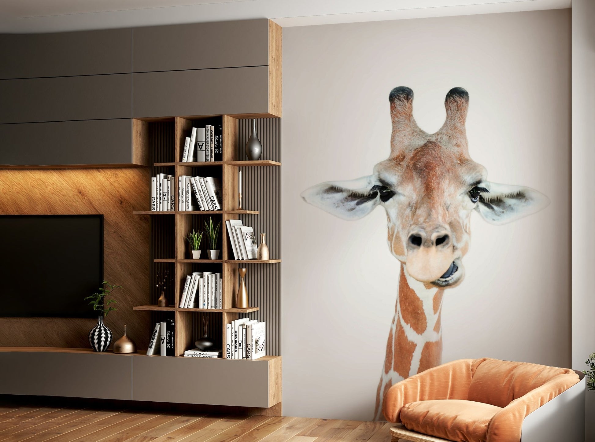 Focus on the giraffe's face, eyes, and patterns.

