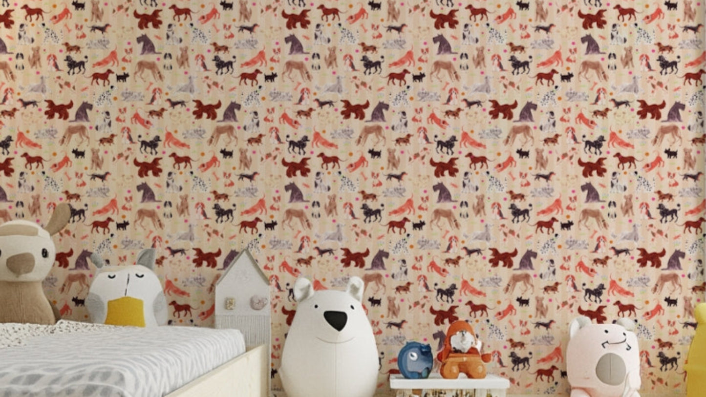 Happy Hounds Dog Doodles wallpaper of illustrated dogs on cream behind plush toys and a child's bed in a nursery
