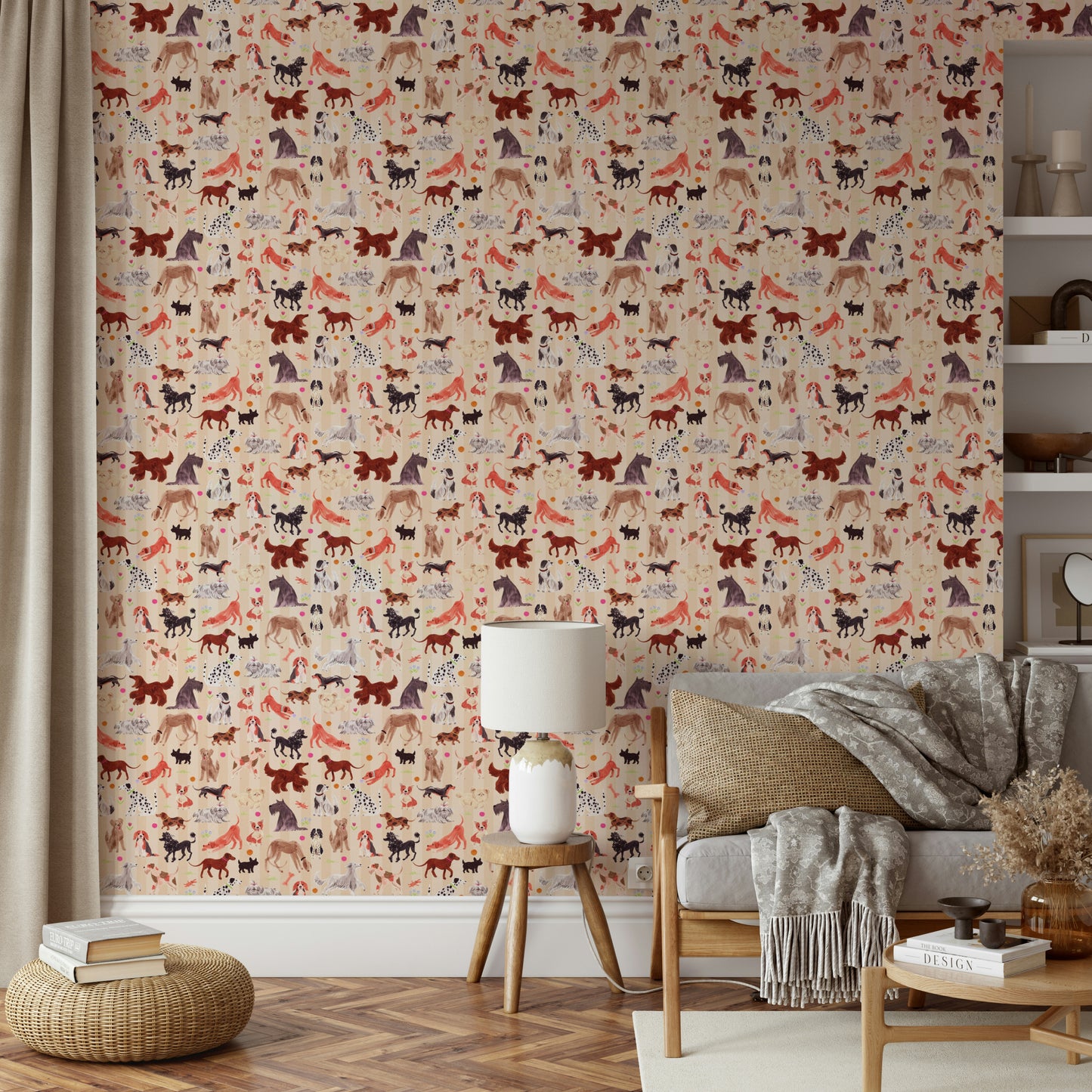 Happy Hounds Dog Doodles wallpaper behind a grey sofa with a wooden lamp table and woven pouf in a living room