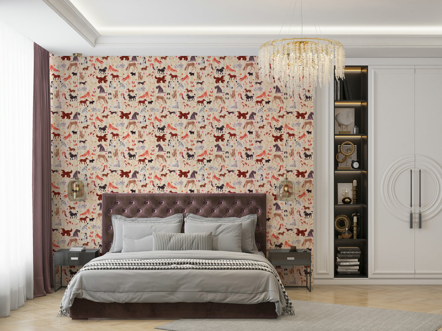 Happy Hounds Dog Doodles wallpaper behind a mauve tufted bed under a crystal chandelier in an elegant bedroom
