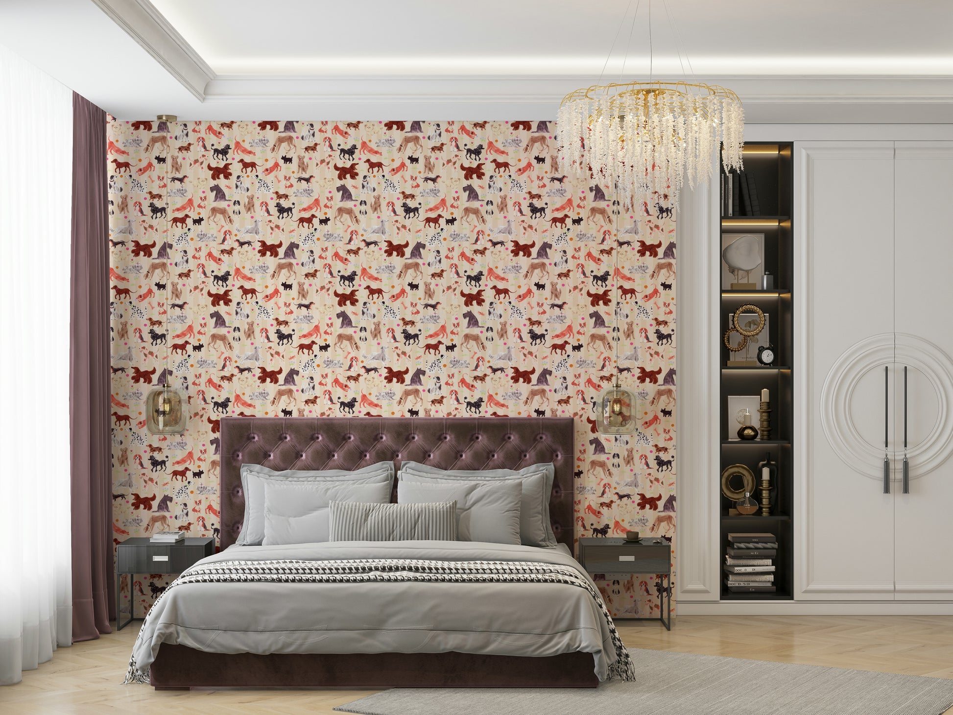 Happy Hounds Dog Doodles wallpaper behind a mauve tufted bed under a crystal chandelier in an elegant bedroom