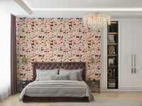 Happy Hounds Dog Doodles wallpaper behind a mauve tufted bed under a crystal chandelier in an elegant bedroom