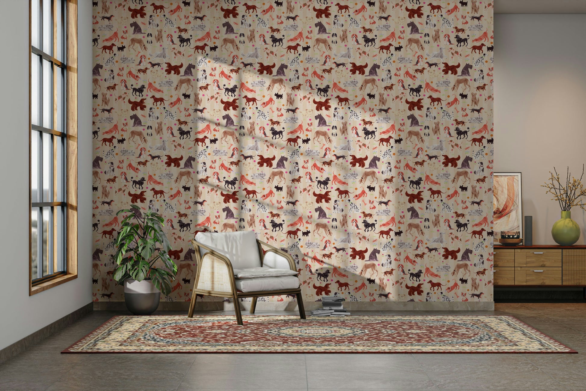 Happy Hounds Dog Doodles wallpaper of colorful dogs behind a white cane armchair and patterned rug in a living room