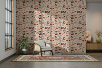 Happy Hounds Dog Doodles wallpaper of colorful dogs behind a white cane armchair and patterned rug in a living room