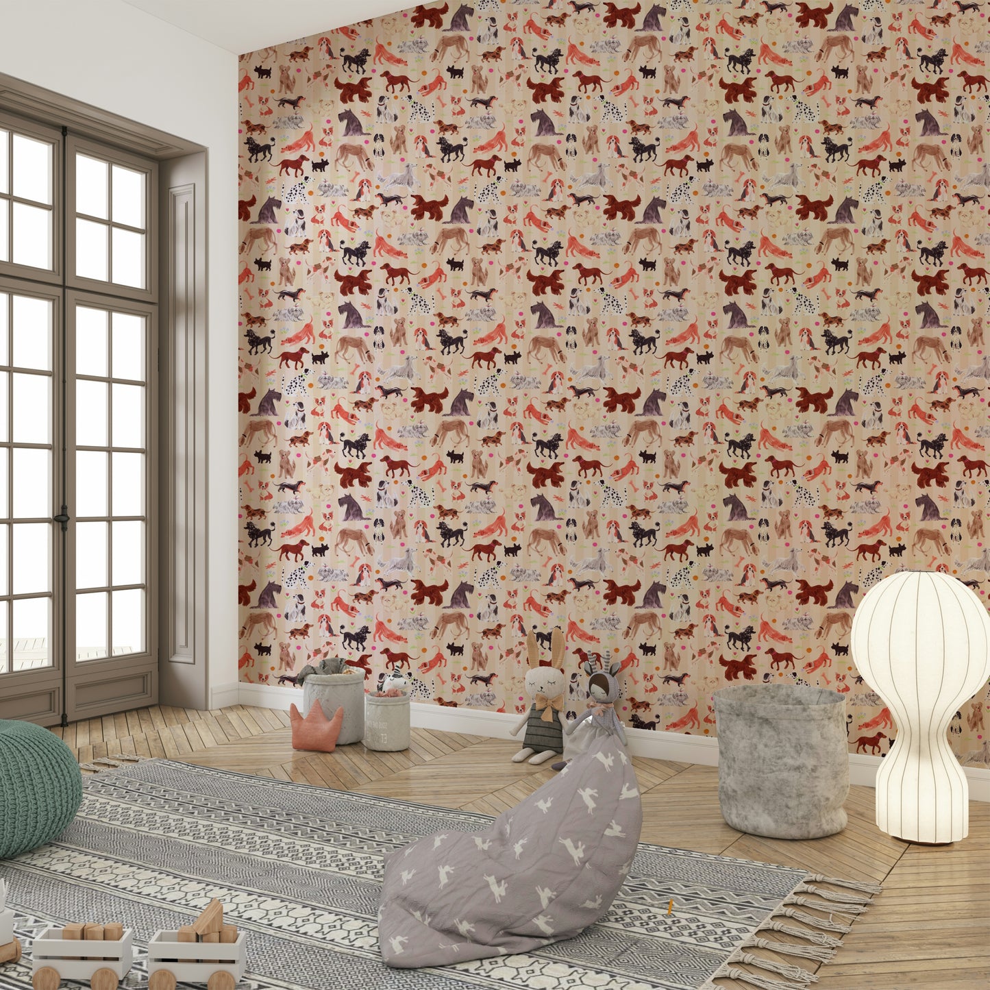 Happy Hounds Dog Doodles wallpaper in a playroom with a grey bean bag, knit pouf and toy cart by French doors