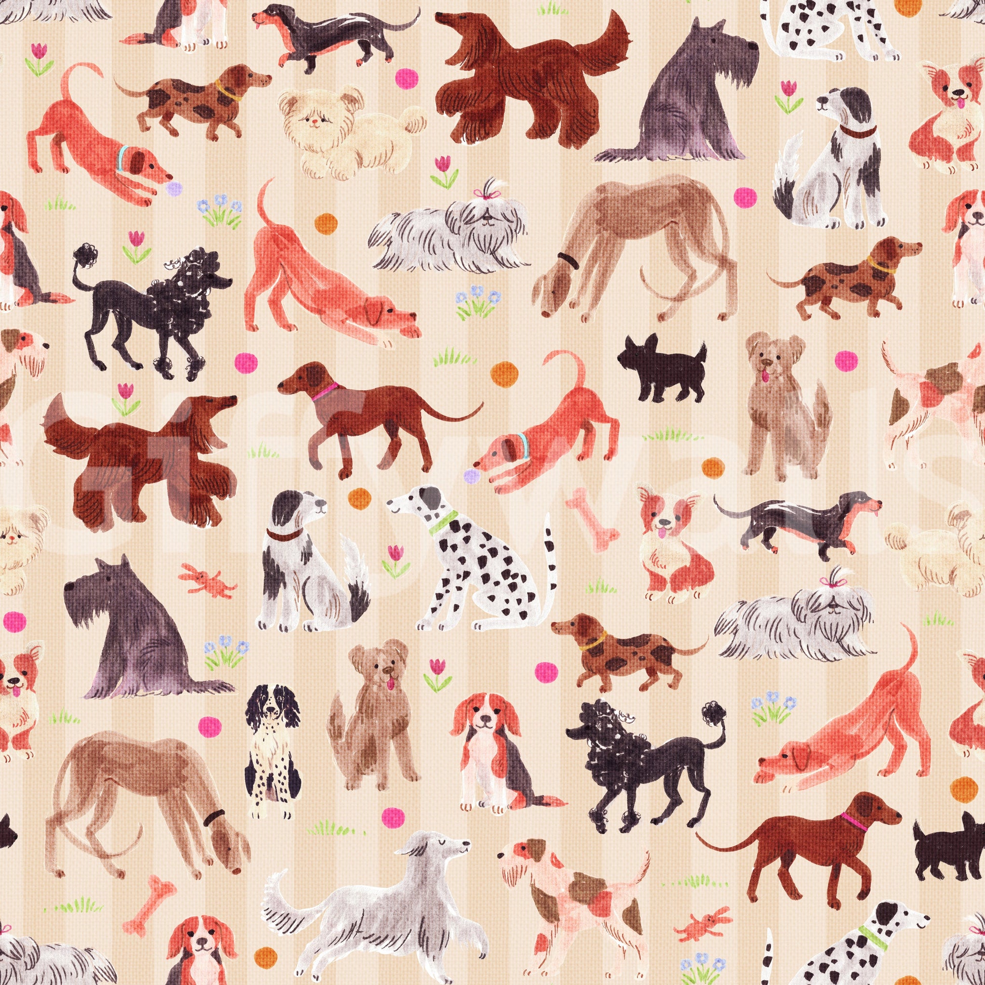 Happy Hounds Dog Doodles wallpaper close-up showing the pattern detail of spaniels, dachshunds and poodles on cream stripes