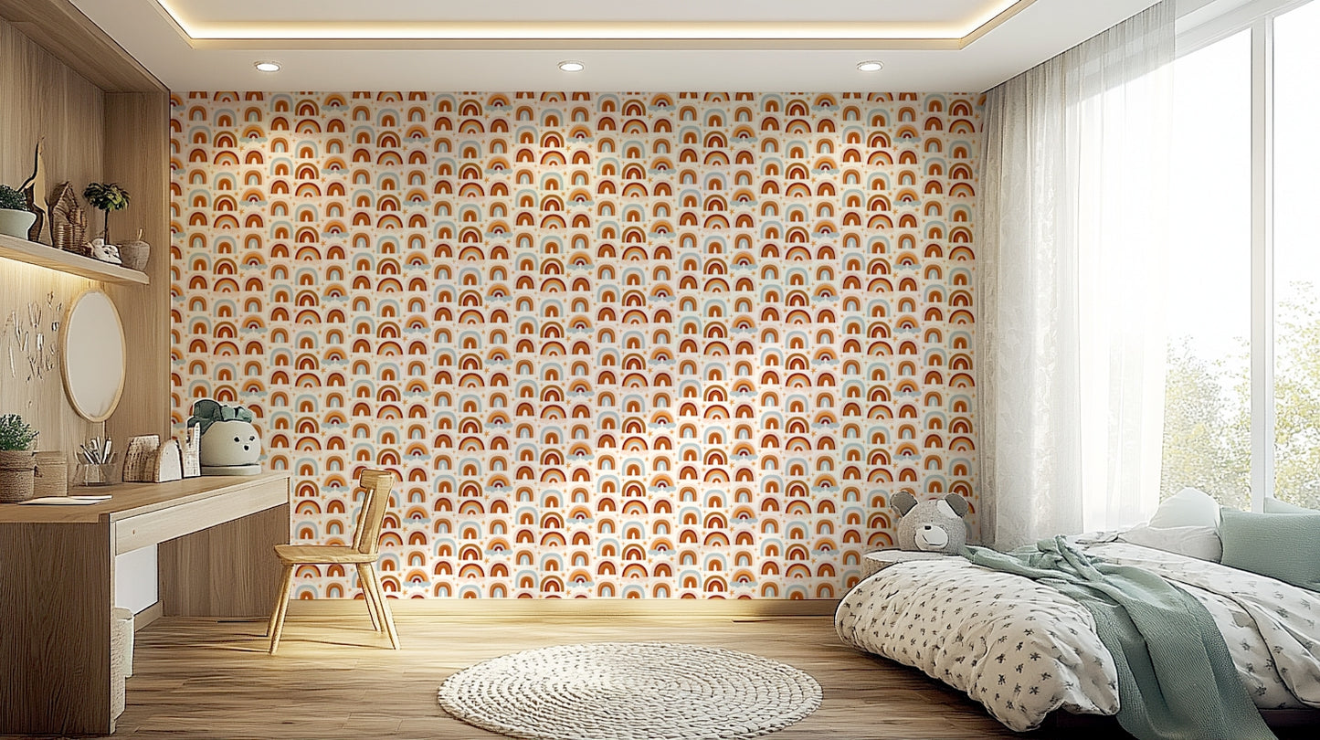 Happy rainbow tones on bright wall design

