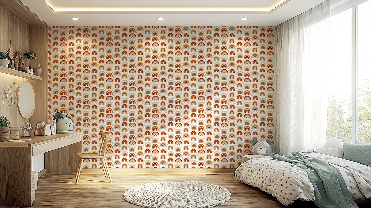Happy rainbow tones on bright wall design

