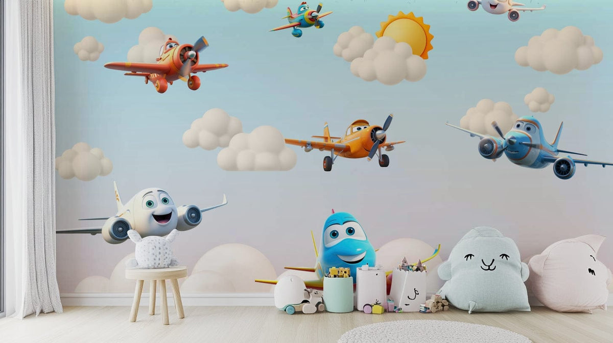 A peaceful wall mural with a whimsical, aviation-themed design.

