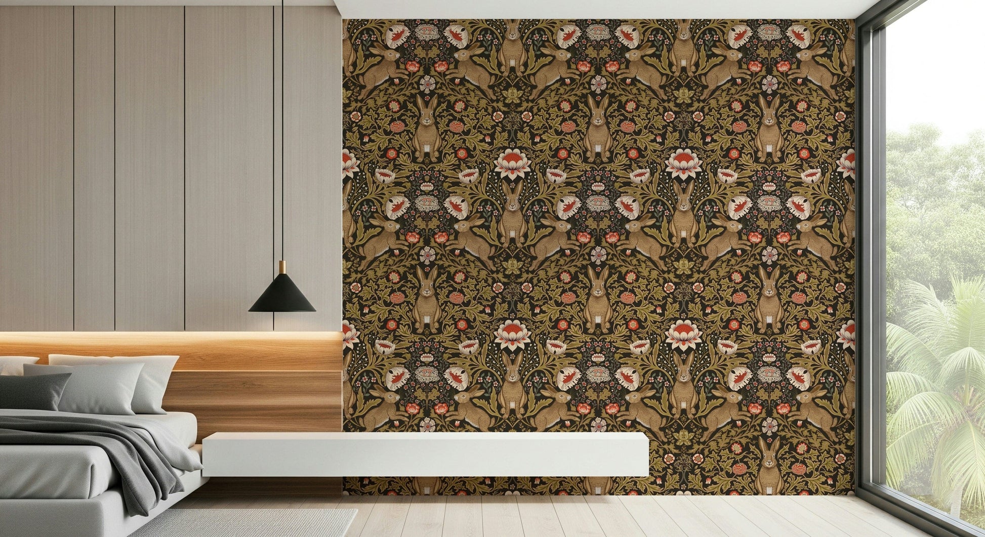 Nature-inspired wall covering with hares and blooming flowers for bedrooms or nurseries.
