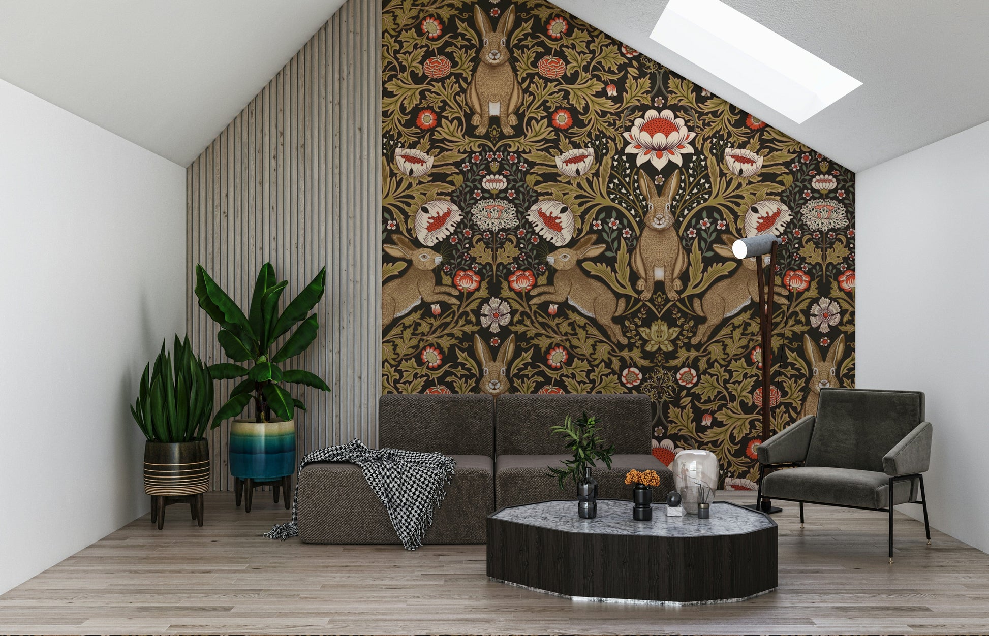 Hare & Bloom wallpaper featuring whimsical hares among blooming flowers for playful interiors.