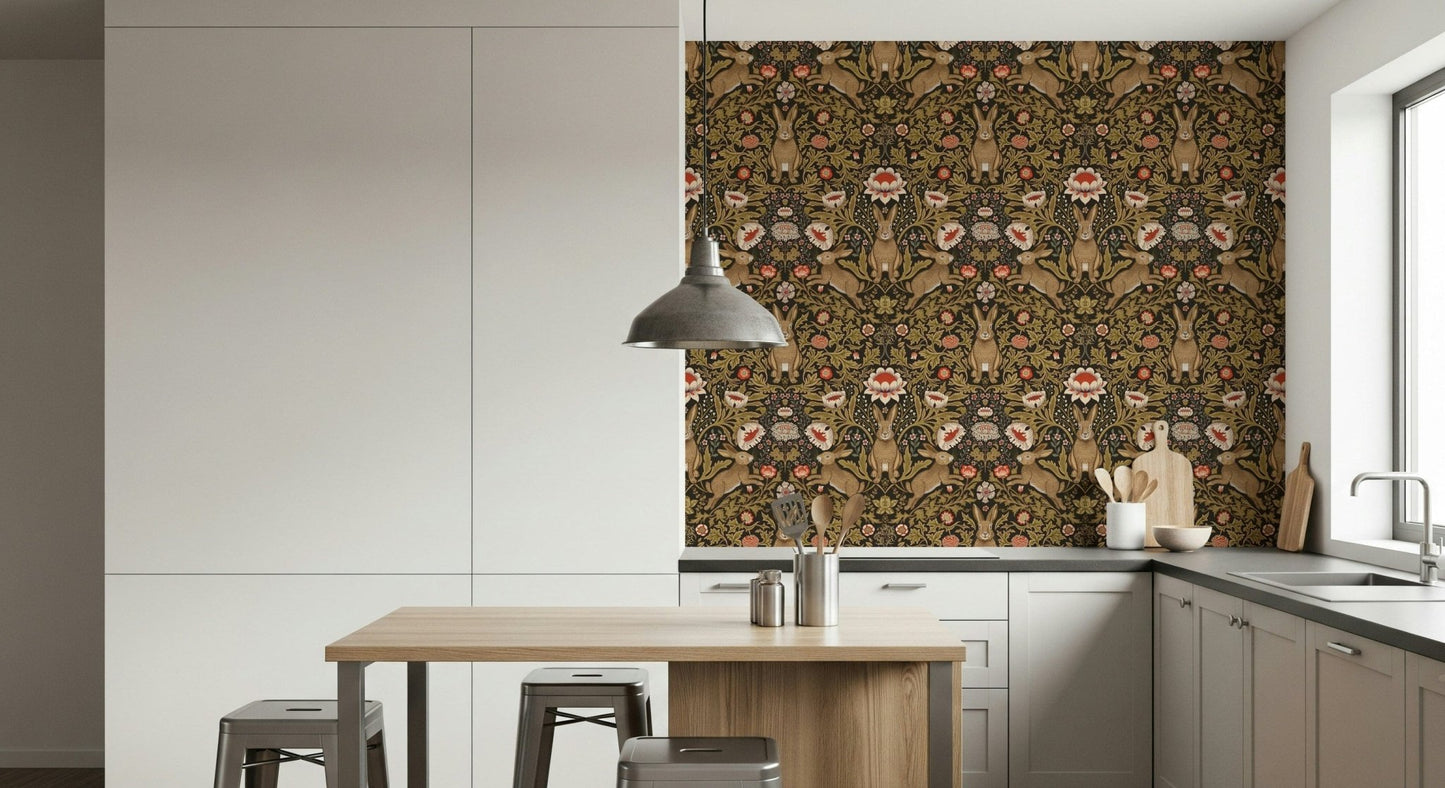 Playful wallpaper featuring hares hopping through vibrant flower blooms.