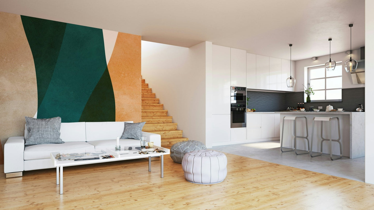 A modern wall mural with a repeating geometric arch pattern.

