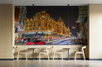 Iconic building illuminated with golden lights.

