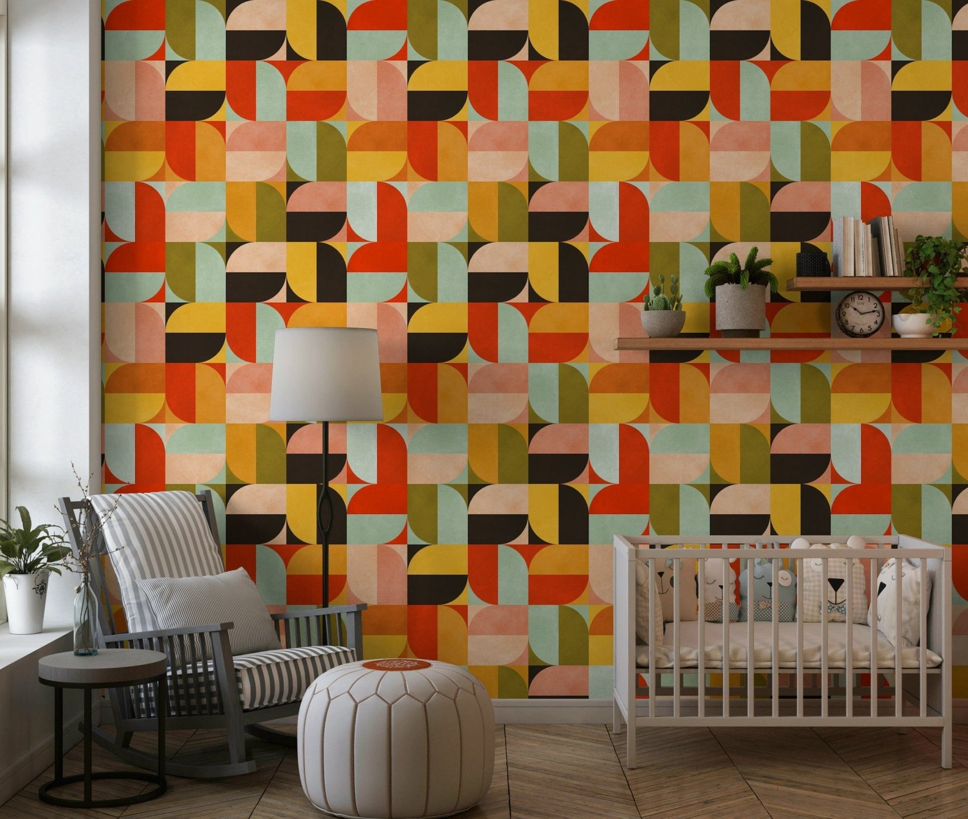 Modern geometric wallpaper with rounded block motifs