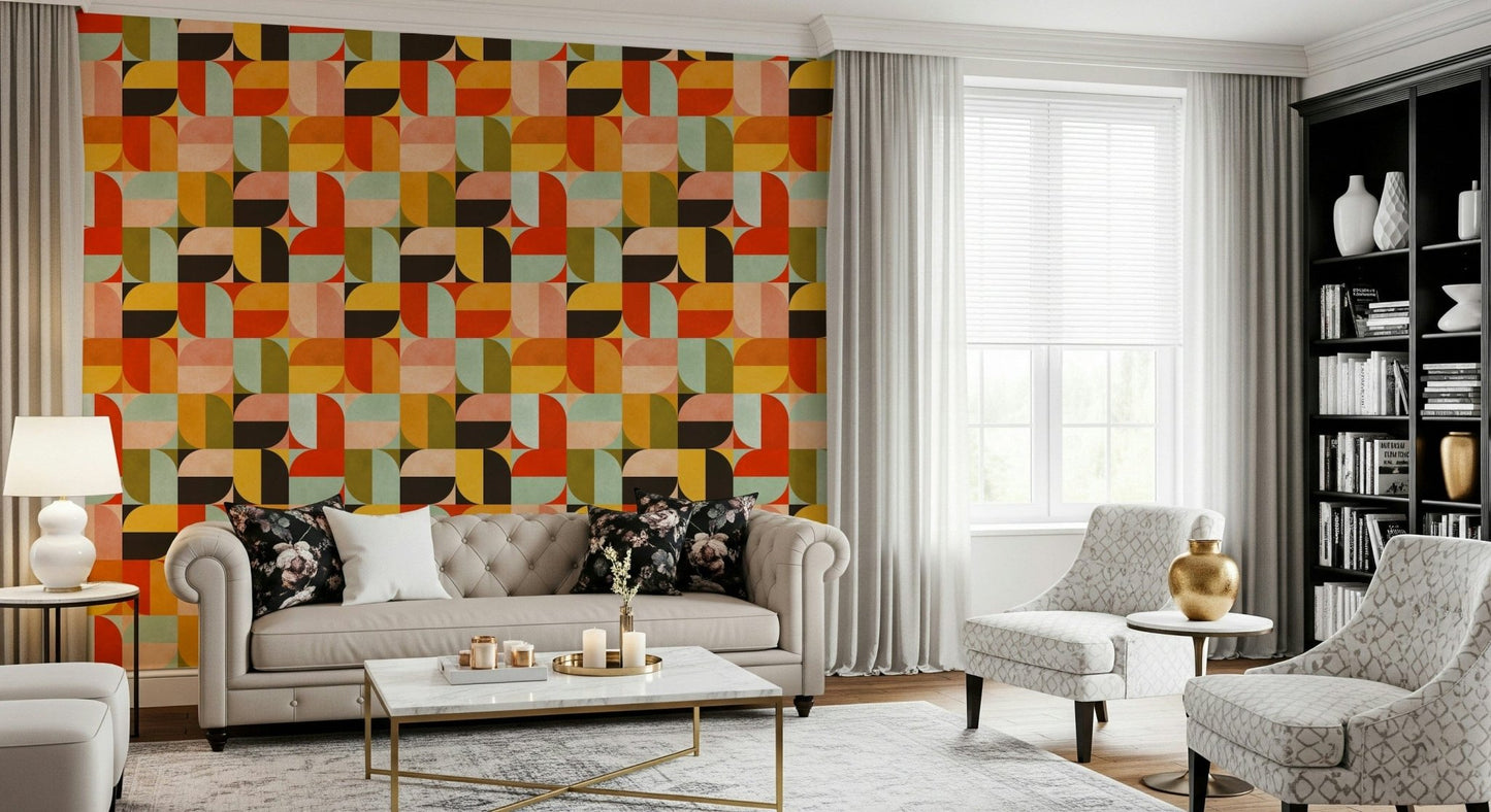 Retro circle block wallpaper in mustard and rust hues