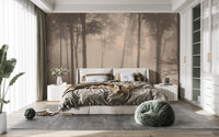 Spooky Haunted Halloween Foggy Forest wallpaper mural styled along a hallway feature wall near a console