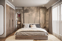Spooky Haunted Halloween Foggy Forest wallpaper mural as a feature wall in a home office workspace
