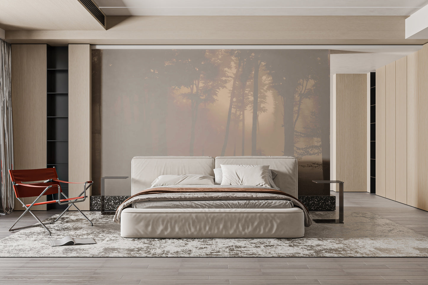 Spooky Haunted Halloween Foggy Forest wallpaper mural styled as a feature wall behind a dining table and chairs