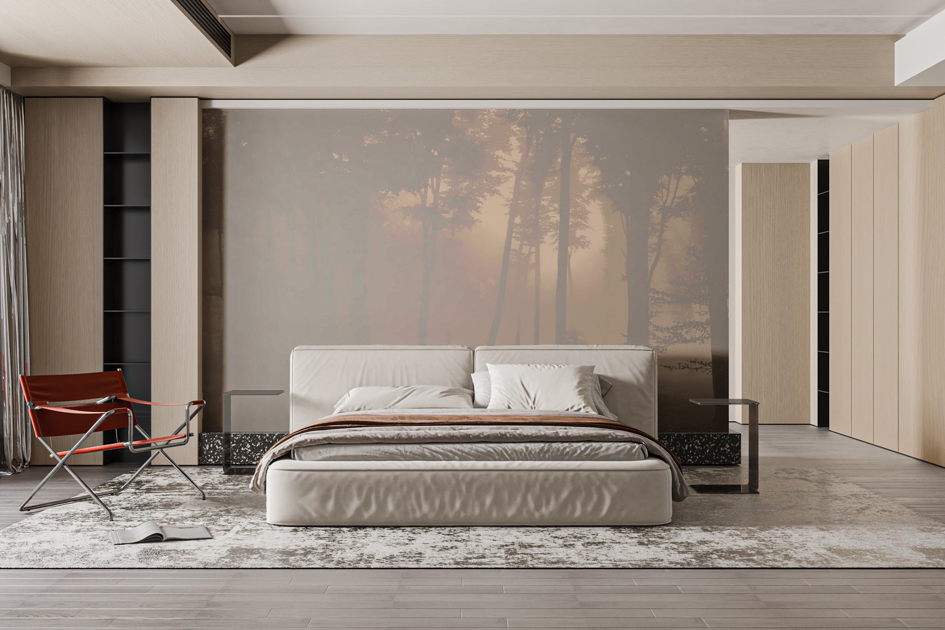 Spooky Haunted Halloween Foggy Forest wallpaper mural styled as a feature wall behind a dining table and chairs