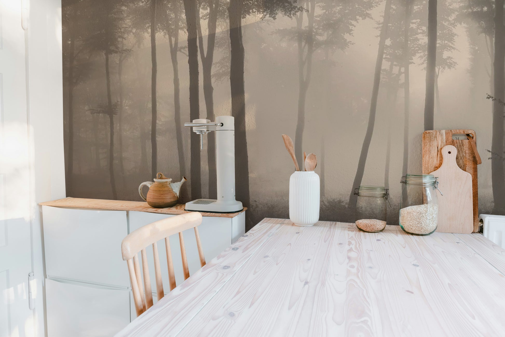 Spooky Haunted Halloween Foggy Forest wallpaper mural as a bedroom feature wall behind the headboard