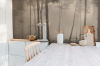 Spooky Haunted Halloween Foggy Forest wallpaper mural as a bedroom feature wall behind the headboard