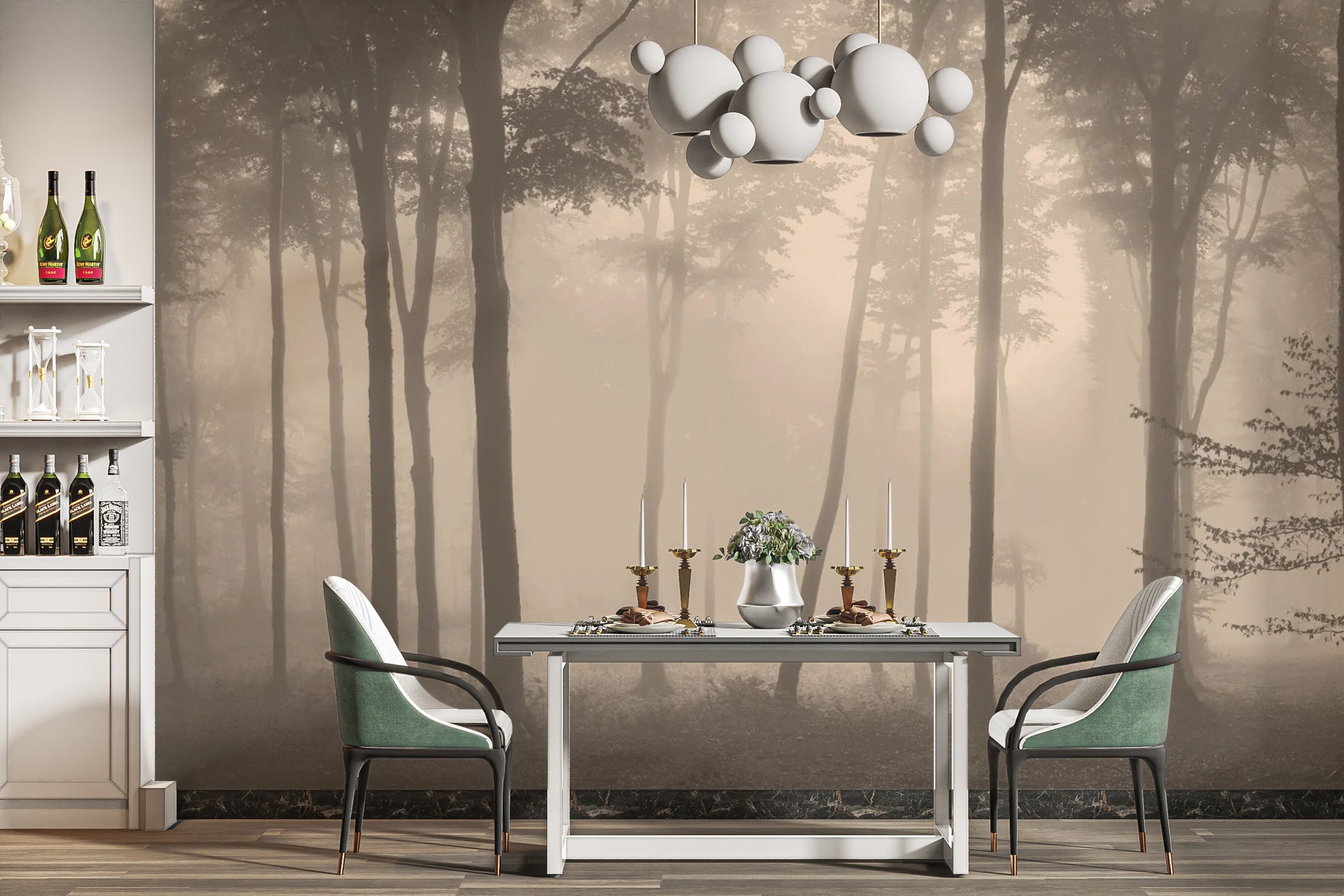 Spooky Haunted Halloween Foggy Forest wallpaper mural shown as a full feature wall that highlights the design