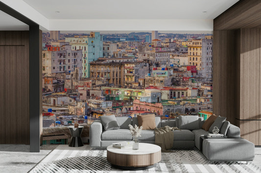 A wall mural of a vibrant Havana street scene.

