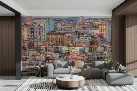 A wall mural of a vibrant Havana street scene.

