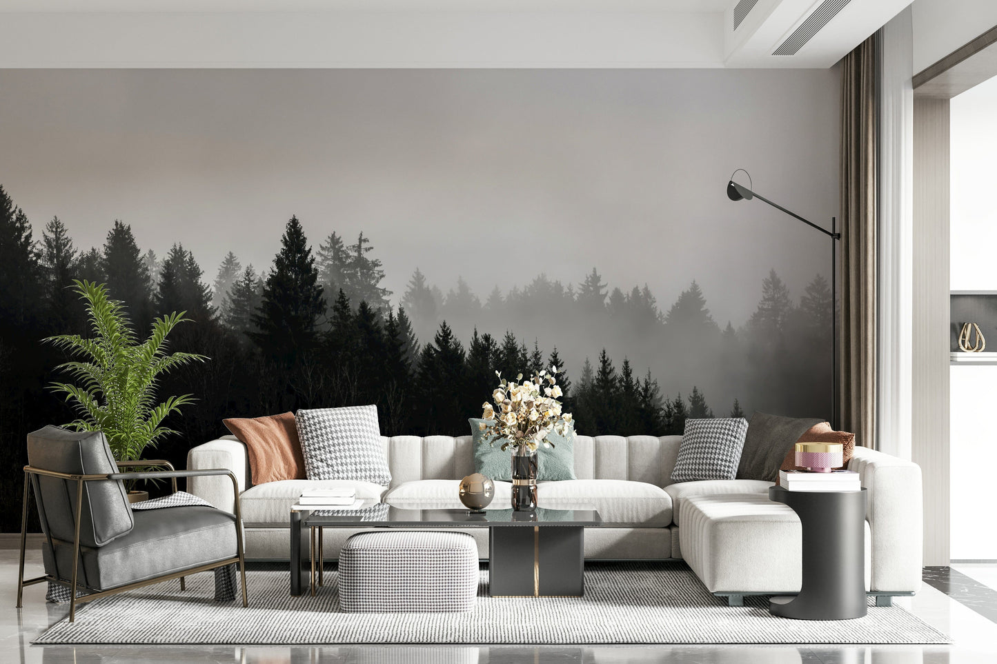 Captivating fog and shadowy pines, a Canyon Woodland Haze mural.