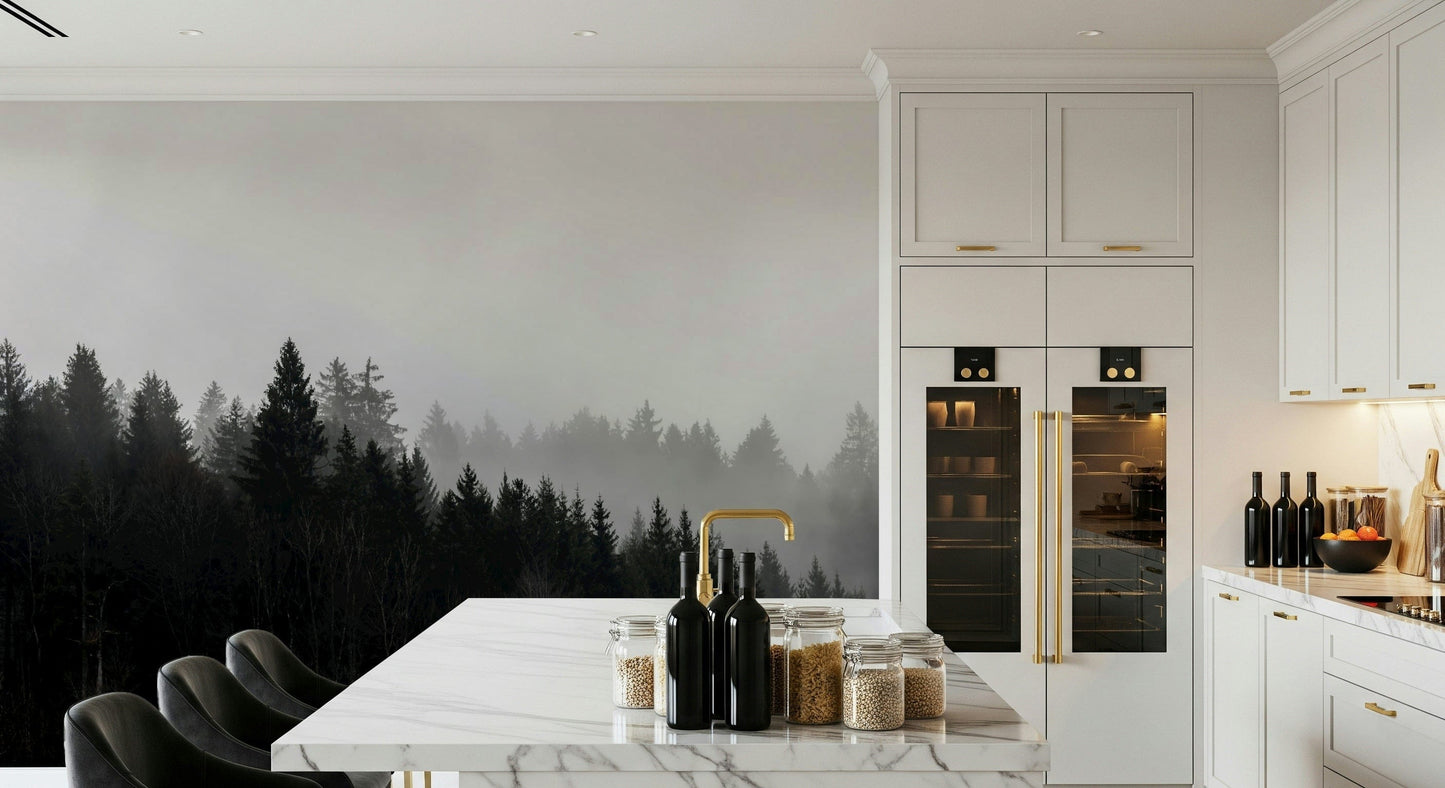 Dramatic forest wallpaper for walls, dark conifers in a dense haze.
