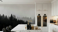 Dramatic forest wallpaper for walls, dark conifers in a dense haze.