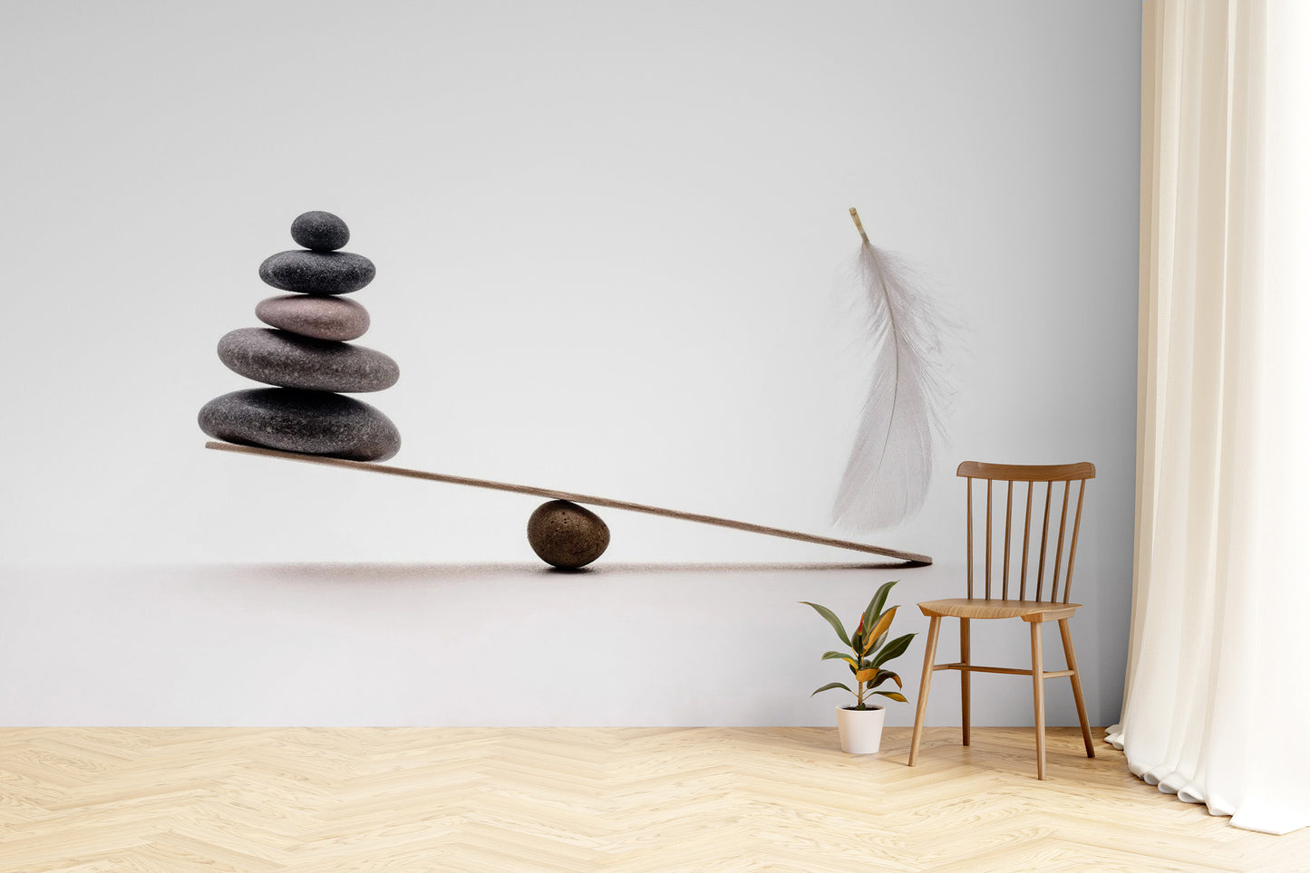 Spa Stones Plume wallpaper mural styled along a hallway feature wall near a console in white tones