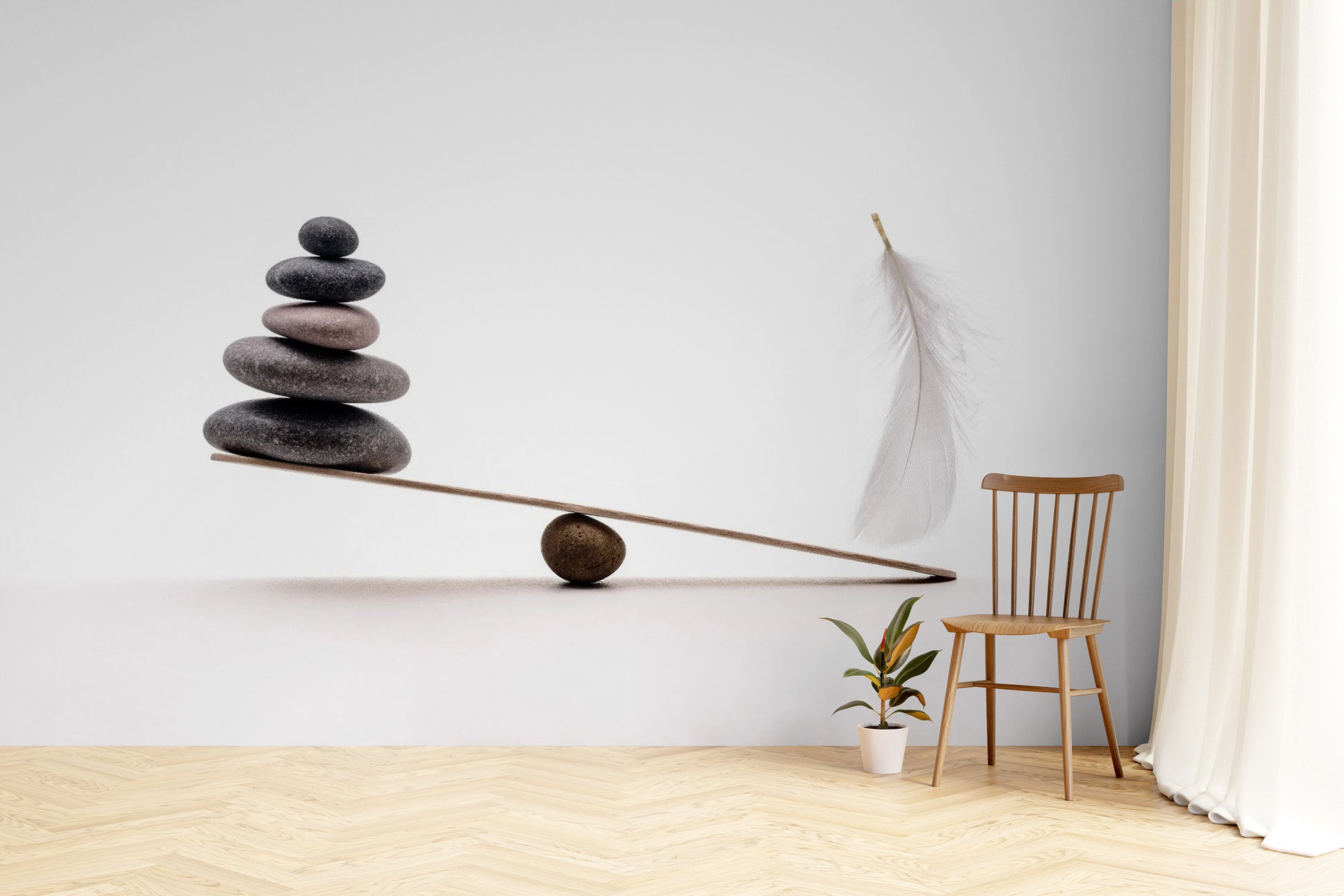 Spa Stones Plume wallpaper mural styled along a hallway feature wall near a console in white tones