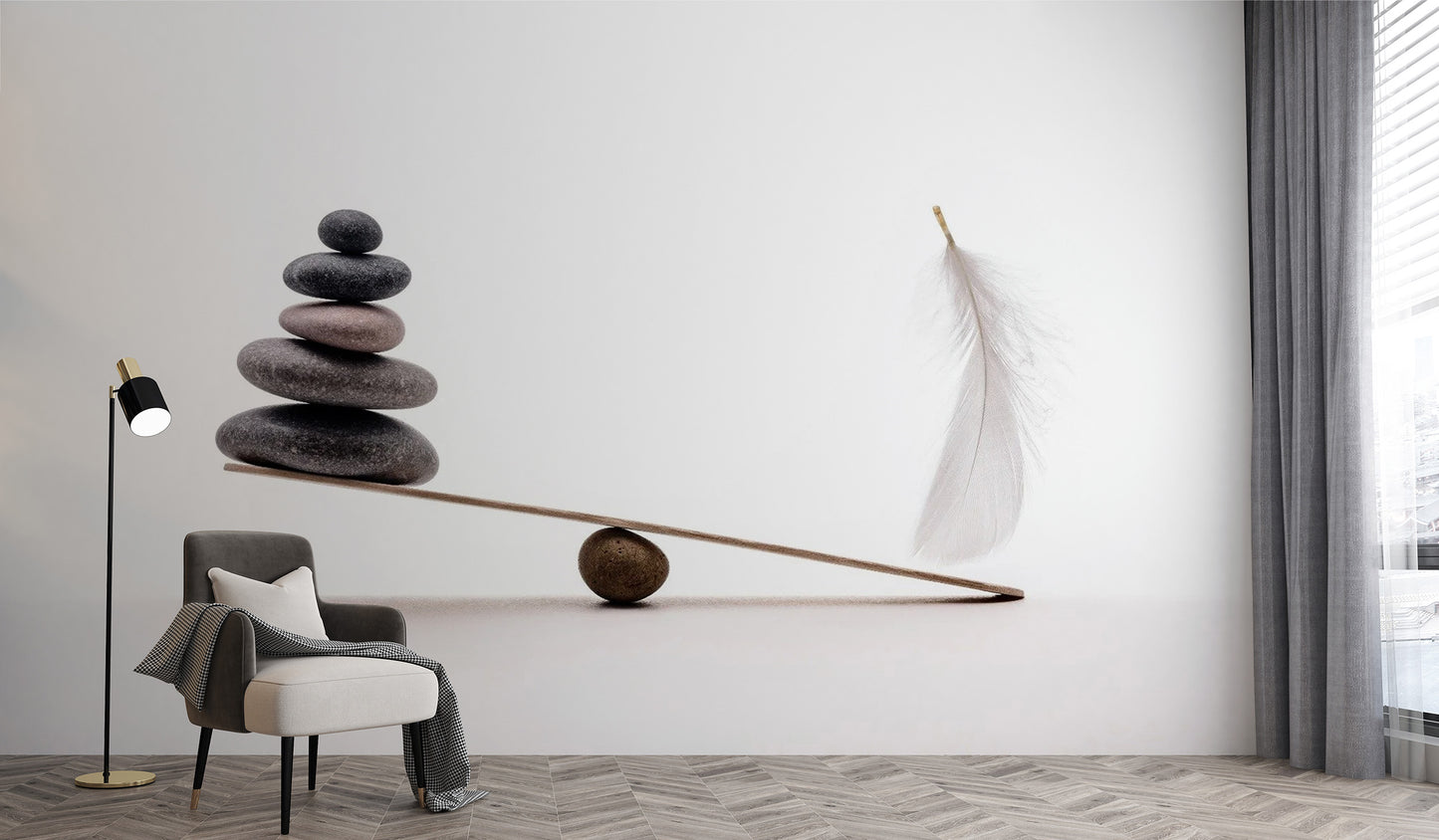 Spa Stones Plume wallpaper mural as a feature wall in a home office workspace in white tones