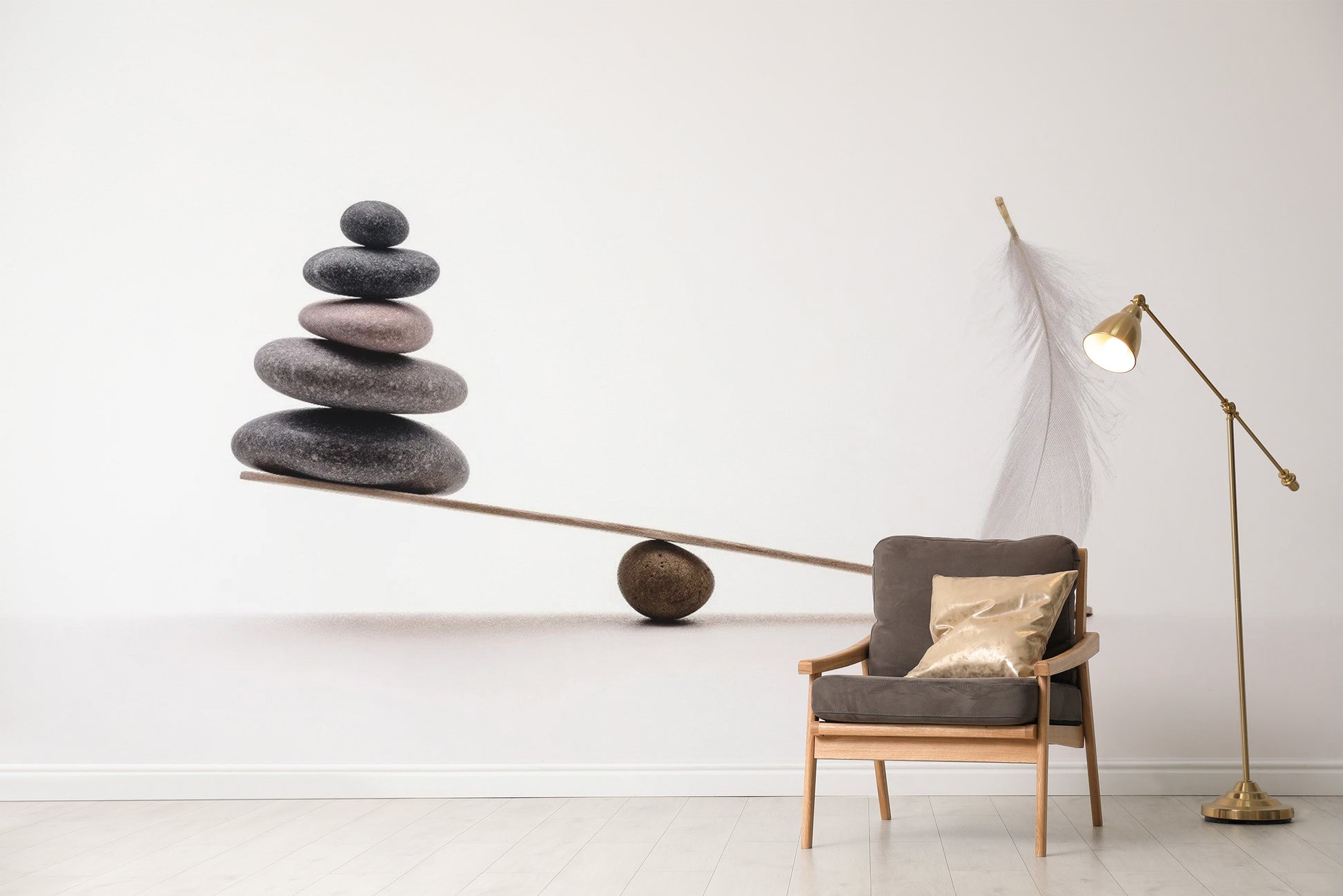 Spa Stones Plume wallpaper mural styled as a feature wall behind a dining table and chairs in white tones