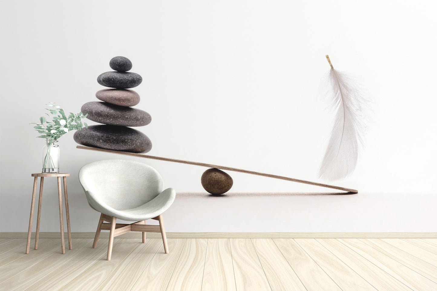 Spa Stones Plume wallpaper mural as a bedroom feature wall behind the headboard in white tones