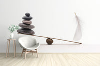 Spa Stones Plume wallpaper mural as a bedroom feature wall behind the headboard in white tones