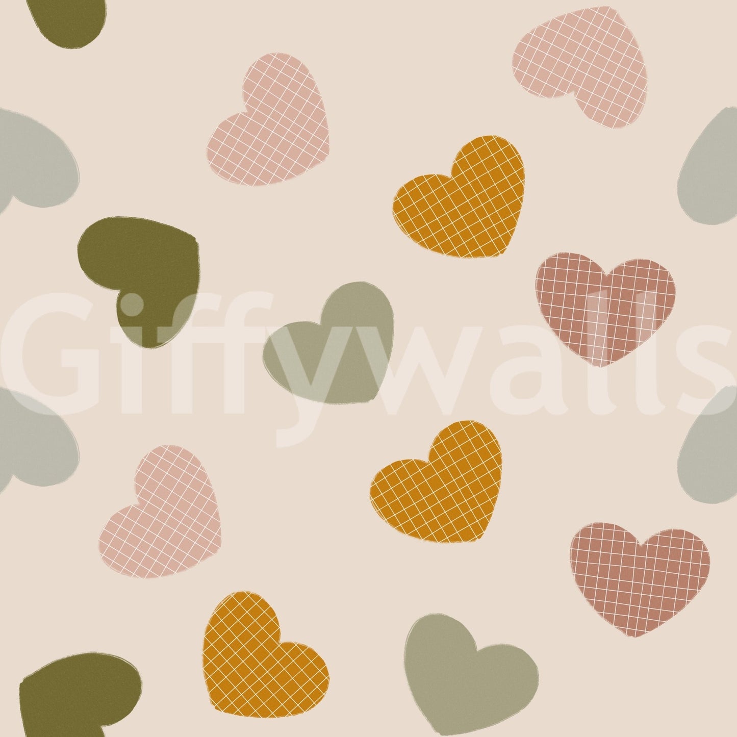 A harmonious mix of small hearts in earthy, muted colors creating a charming decorative wallpaper.