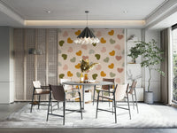 A cozy wallpaper design featuring varied heart motifs in soft green, mustard, and blush hues.
