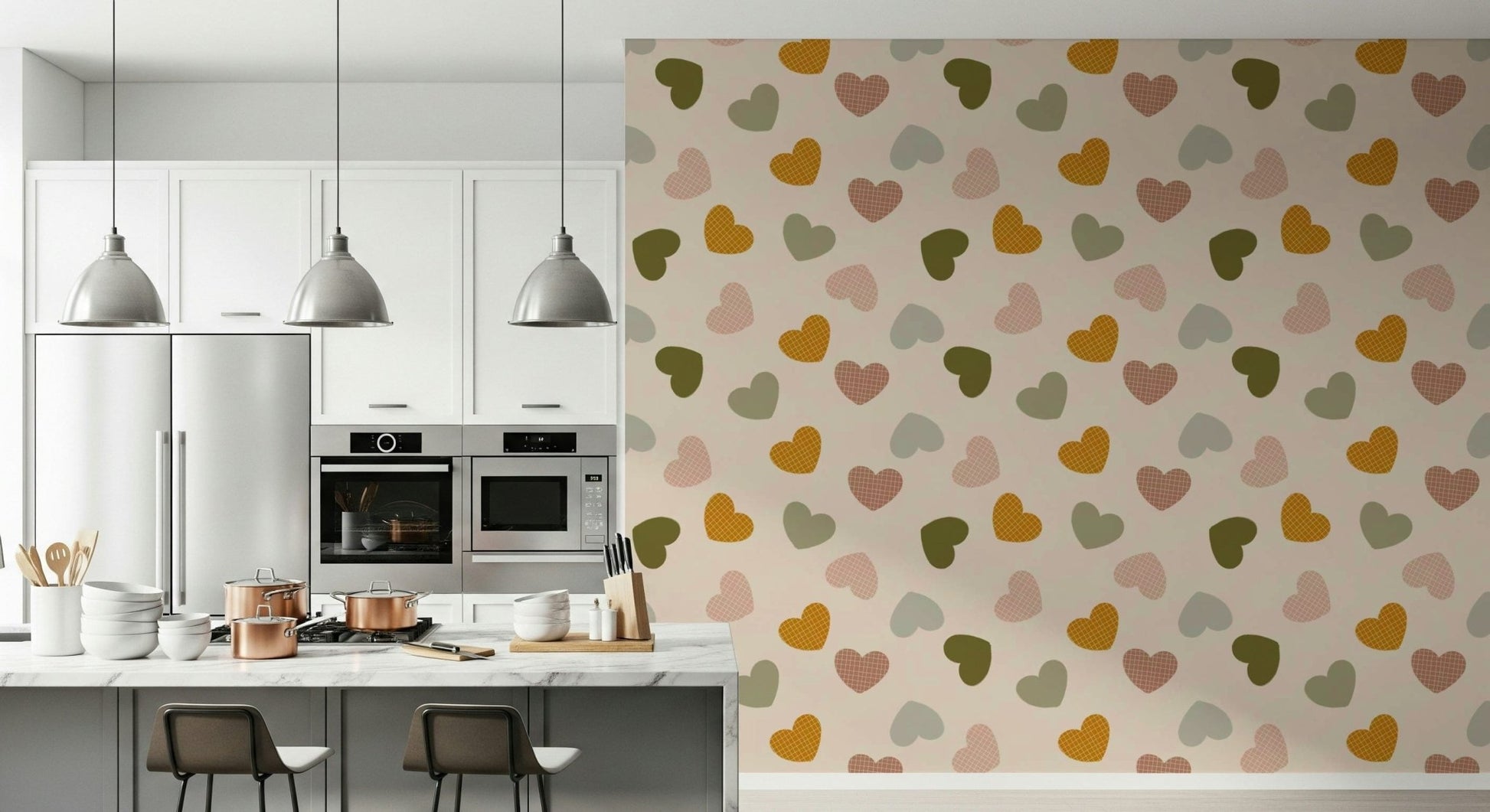 Playful heart shapes in mustard, olive, blush, and beige forming a sweet pattern on this wallpaper.
