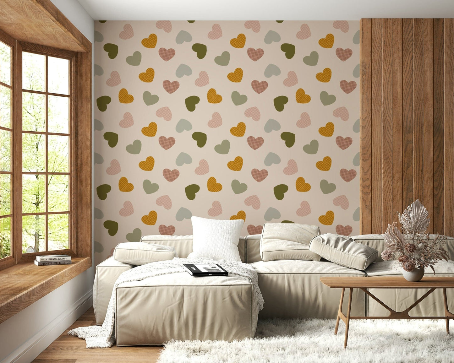 A delicate wallpaper covered in scattered small hearts with warm, soothing earthy colors.