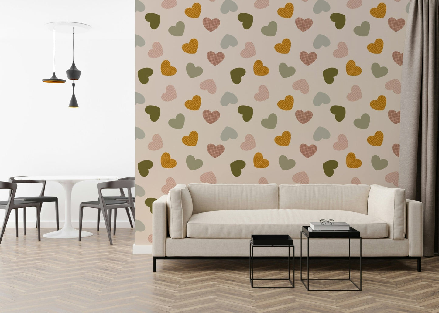 A gentle heart-pattern wallpaper with mixed textured and solid hearts in warm, muted colors.