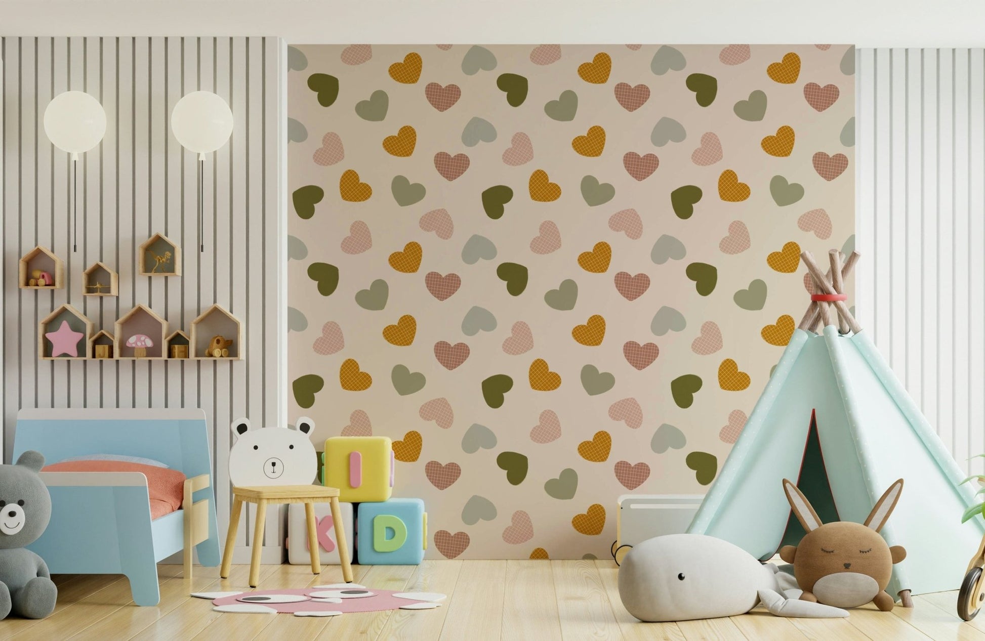 A charming Heartfelt Harmony wallpaper featuring scattered multicolored hearts with soft earthy tones.