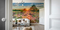 Vibrant sunset mural on premium material in a living room.

