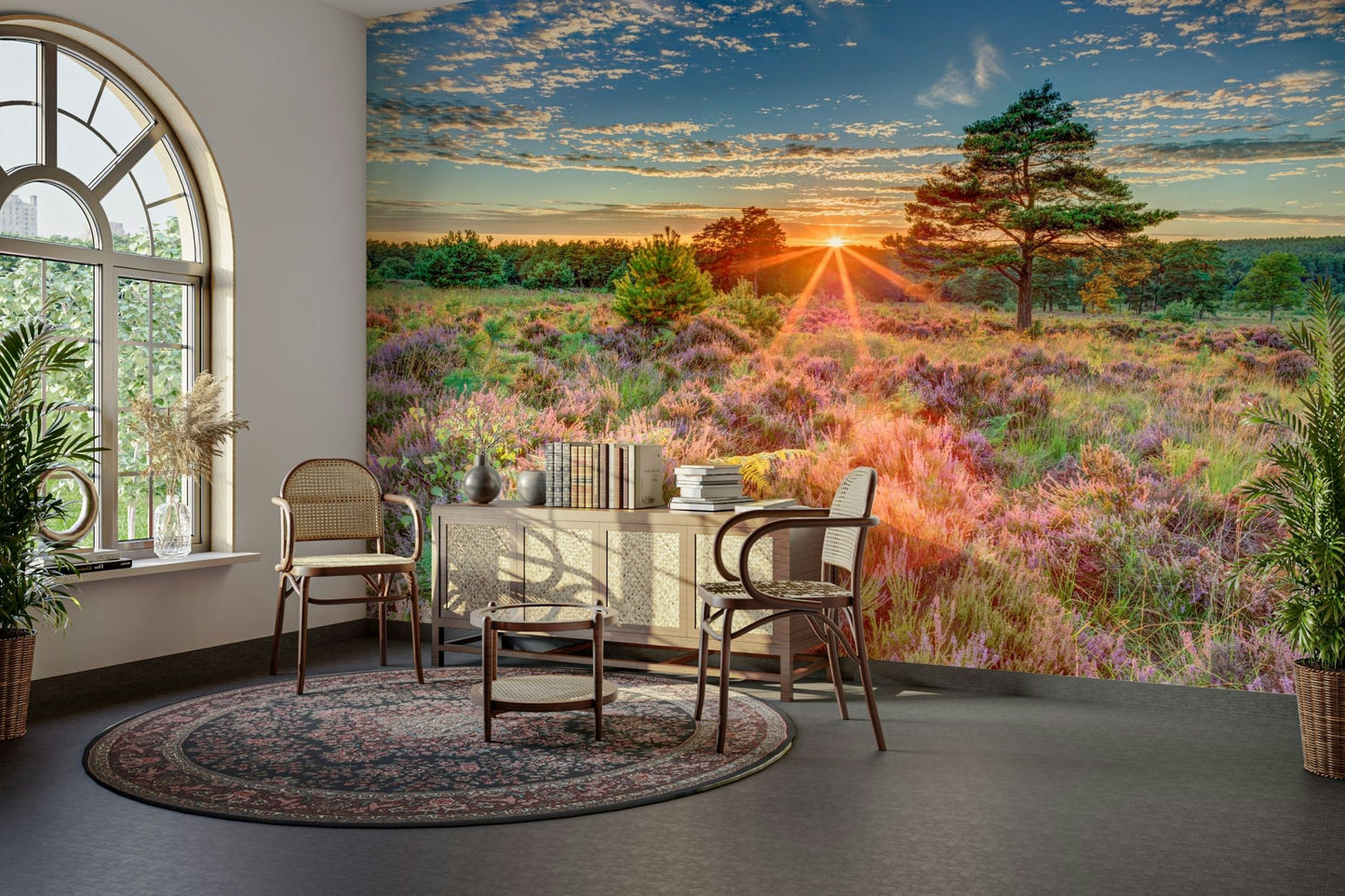 Self adhesive nature wallpaper for wall in a farmhouse living room.

