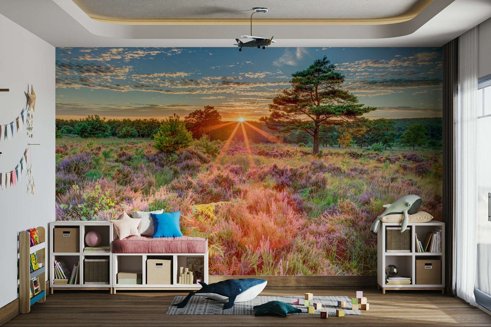 Peaceful heathland sunset mural for creating a calming room vibe.


