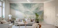 Coastal wall mural with soft beach imagery and vintage style.

