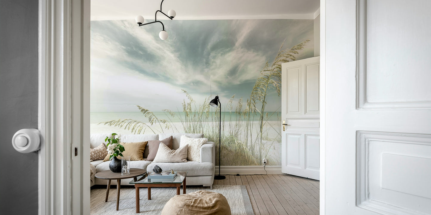 Gentle beach waves mural with vintage tones for a tranquil room.


