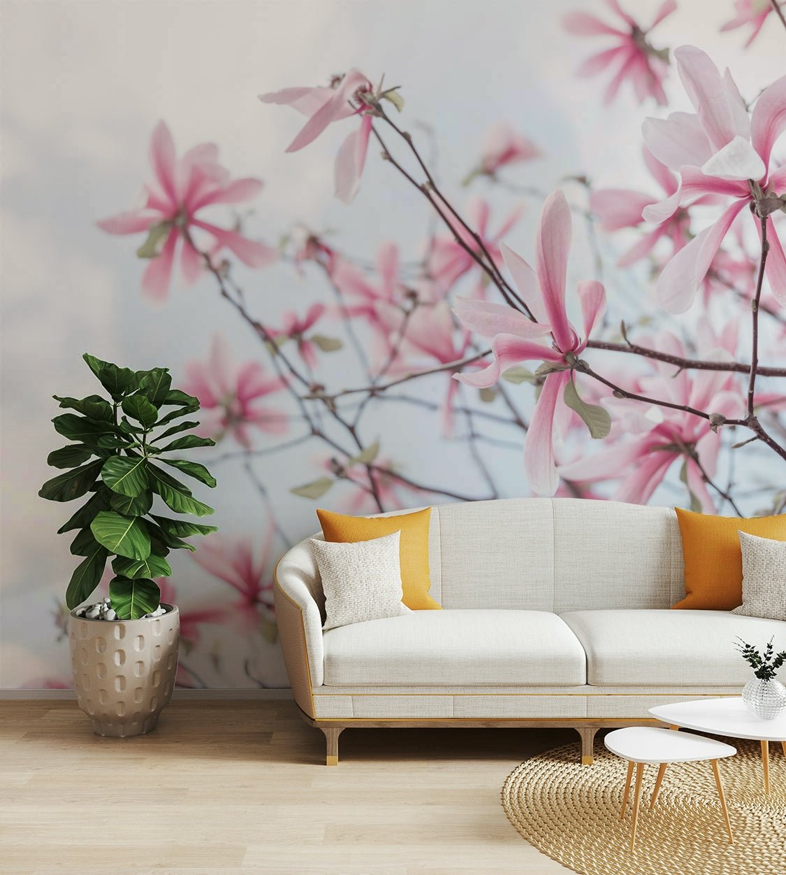 Heavenly magnolias wall mural with soft pink flowers

